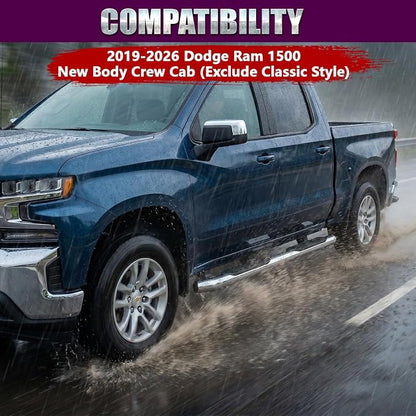 4 Inch Curved Running Boards Stainless Steel Nerf Bars Side Steps Compatible with 2019-2026 Dodge Ram 1500 New Body Crew Cab, No-Cut, No Drilling, Bolt on Installation (Exclude Classic Style)