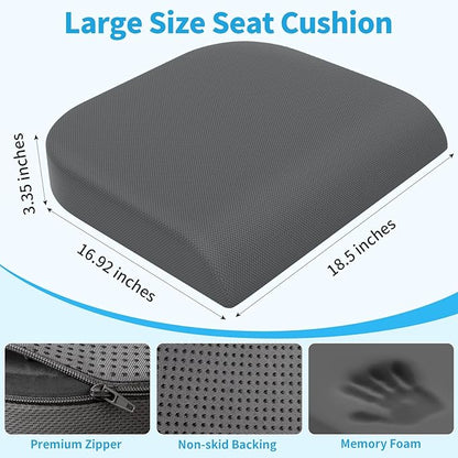 TranquilRelax XLarge Seat Cushion, Soft Foam Cushion for Long Sitting Hours on Office Chair, Home & Car, Non-Slip Chair Pad for Relieving Back & Sciatica & Hip & Coccyx Pain (Grey)