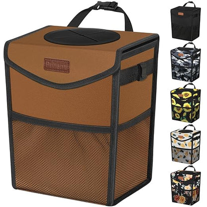Pritent Car Trash Can with Lid, Cute Leakproof Car Trash Garbage Bag Hanging Vehicle Trash Bin Small Portable Automotive Garbage Cans Organizer for Back/Front Seat(Trapezoid,Brown)