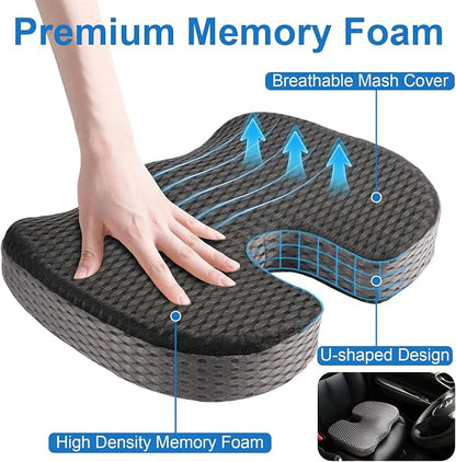 Car Seat Cushion for Driving Comfort & Support - Premium Memory Foam Seat Pad with Breathable Washable Cover, Non-Slip Bottom, Road Trip Essentials for Car Seats