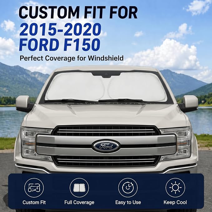 Custom Fit Windshield Sun Shade for ord F150 F-150 F250 F350 F450 2015-2020 | Custom Fit Windshield Cover, Blocks UV Rays, Double-Layer Heat Shield, Durable Frame, Easy Fold & Storage