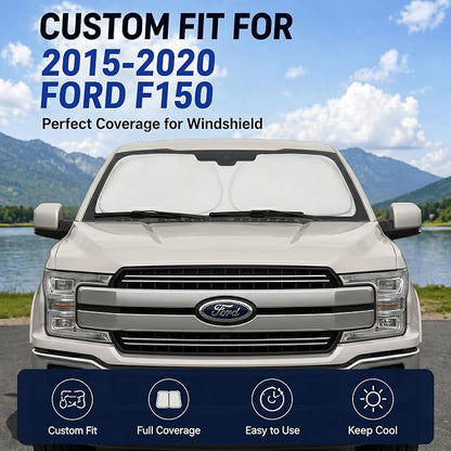 Custom Fit Windshield Sun Shade for ord F150 F-150 F250 F350 F450 2015-2020 | Custom Fit Windshield Cover, Blocks UV Rays, Double-Layer Heat Shield, Durable Frame, Easy Fold & Storage