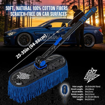 Flash Dog Waterless Car Duster - Wax Cotton Strands 360°Swivel Head & Extendable Aluminum Alloy Handle for Scratch-Free Dusting on Cars, Trucks, SUVs, RVs