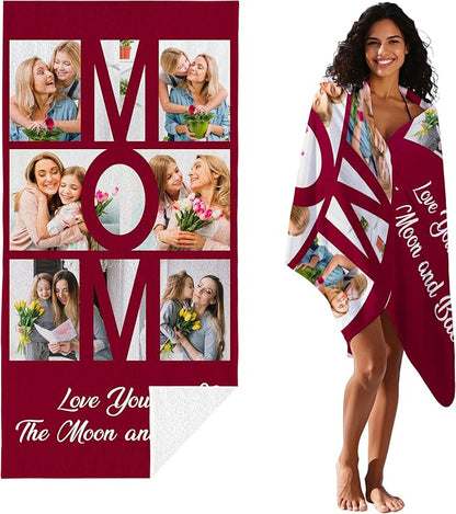 Woman holding a personalized blanket with photos and 'Home' text