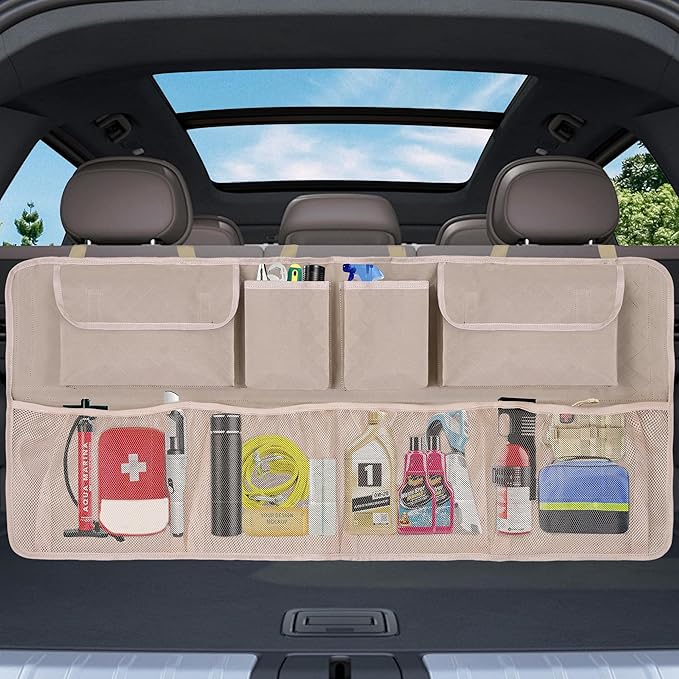 Car Trunk Organizer and Storage, Large Capacity Backseat Hanging Storage Accessories, Backseat Car Organizer for SUV/MPV/Truck (Khaki)