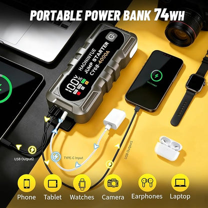4000A Car Battery Jumper Starter, Battery Jumper Starter Portable (8.0LGas/6L Diesel), 16000mAh Charging Jump Box, Portable Car Jump Starter with Jumper Cables and 600LM LED Light