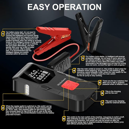 12 V Car 8000 mAh Battery Jump Starter 2800A with 150psI Air Compressor, Compact and Practical Edition QB08L Safe Smart, Portable Jump Box and Charger for 6.0L Gas and 3.0L Diesel Engines.