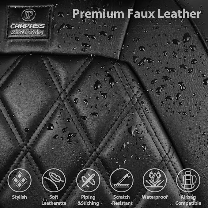 CAR PASS Luxury Nappa Leather Car Seat Covers Front Seats Only, Waterproof Faux Leather Front Seat Covers, Universal Automotive Seat Cushion Fit for Sedan SUV Truck Van, Airbag Compatible Rhomb Black