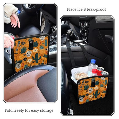 Car Trash Can Organizer Bin with Adjustable Strap for Back Front Seat Console Waterproof Leakproof Collapsible Portable 11 Inch Orange Day Of The Dead Skull Cacti