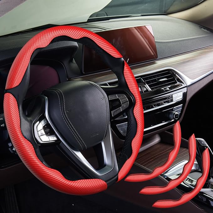 WOCOCN 3pcs Car Steering Wheel Cover,Anti-Skid Carbon Fiber Steering Wheel Protector for Men Women,Multiple Color Options,Universal for Most Car Interiors Accessories (Red 3PCS)