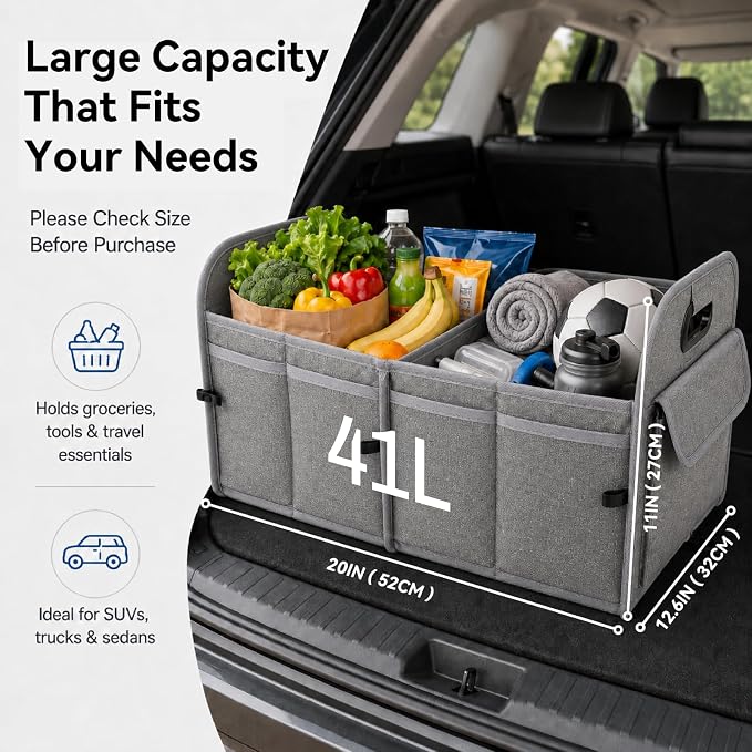 PAT SAM'S Trunk Organizer for SUV, Collapsible Car Trunk Organizer with Dividers, Waterproof 600D Oxford, Non-Slip Storage Organizer for Groceries, Tools, Travel, Truck & Car (Grey)