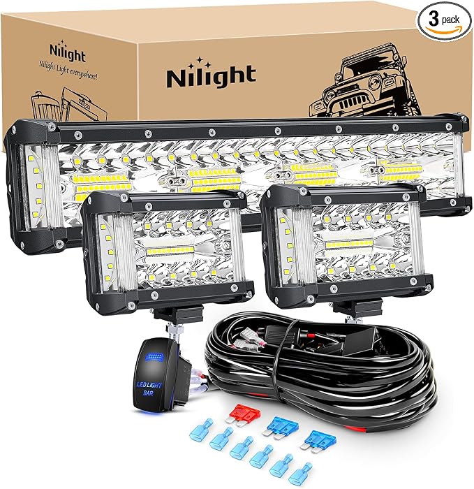 Nilight Side Shooter LED Light Bar Set 12 Inch Triple Row Spot Flood Combo Lights 2PCS 4.3Inch Pods with 5Pin Rocker Switch Wiring Harness Kit for Off-Road Truck ATV UTV Boat