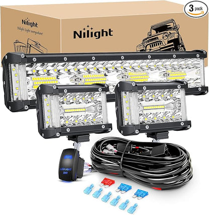 Nilight Side Shooter LED Light Bar Set 12 Inch Triple Row Spot Flood Combo Lights 2PCS 4.3Inch Pods with 5Pin Rocker Switch Wiring Harness Kit for Off-Road Truck ATV UTV Boat