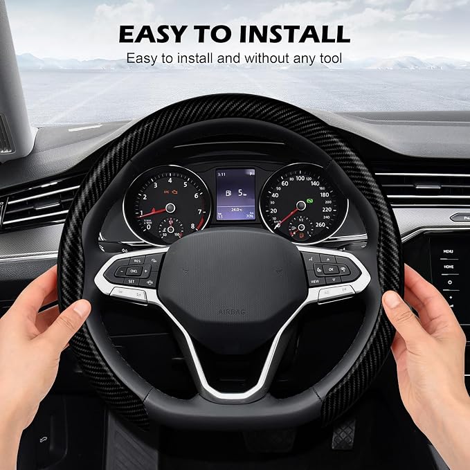 Frani Leather Steering Wheel Cover,Universal Fit 15 Inch-Premium Non-Slip Breathable Comfort Grip for Cars Trucks SUVs,Anti-Slip Durable Interior Upgrade Carbon Fiber Pattern