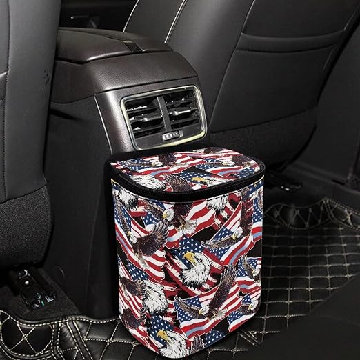 Talayituse American Flag Eagle Print Car Trash Can with Lid, 4th of July Leak Proof Auto Trash Bag Hanging Vehicle Garbage Can Multipurpose Storage Container for Back Seat Road Trip