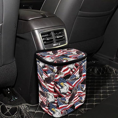 Talayituse American Flag Eagle Print Car Trash Can with Lid, 4th of July Leak Proof Auto Trash Bag Hanging Vehicle Garbage Can Multipurpose Storage Container for Back Seat Road Trip