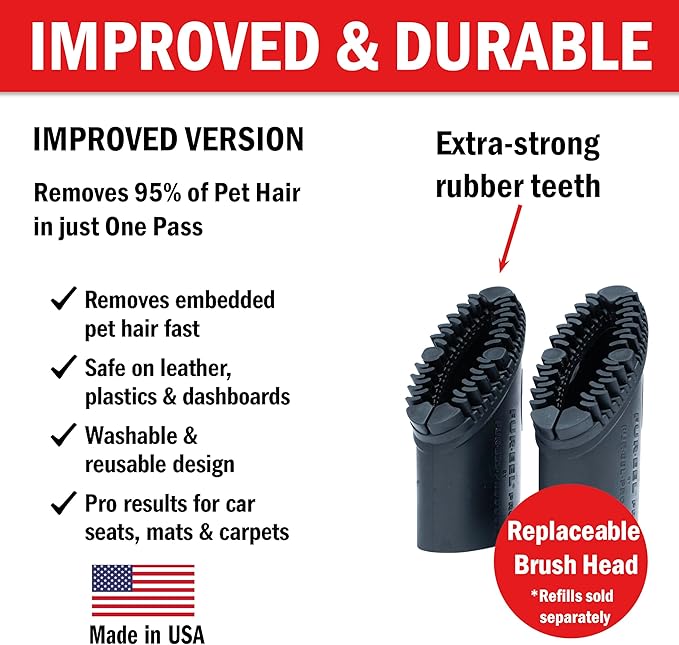 FUR-EEL PRO 2.0 Pet Hair Remover Vacuum Attachment, Replaceable Rubber Brush Head for Dog & Cat Hair, Fits 1-1/4, 1-3/8 & 1-1/2 in Round Hoses, for Car Detailing, Carpet & Upholstery