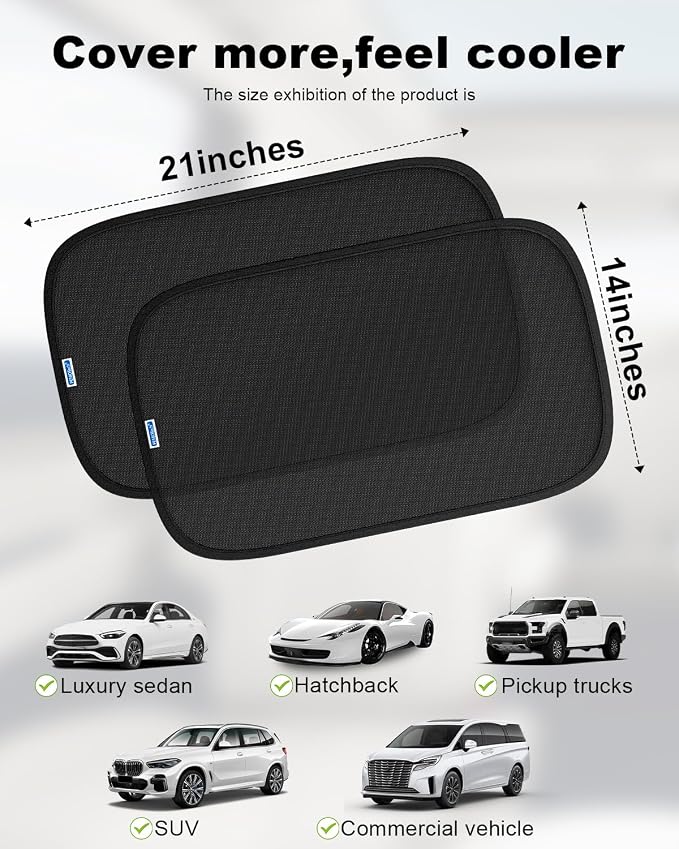PEMOTech Car Window Shades for Baby【8 Suction Cups & Static Cling】 2 Pack-21"x14" Side Window Cover for Child,Certified Sunshades for Kids to Block 99.9% UVR, Sun Shade Universal Fit Most of Cars