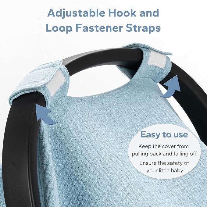 SERAPHY 100% Muslin Cotton Car Seat Cover Baby, Universal Carseat Covers, Breathable Baby Car Seat Canopy for Boys Girls, Soft Infant Car Seat Cover for Summer —Blue