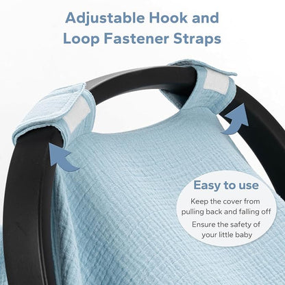 SERAPHY 100% Muslin Cotton Car Seat Cover Baby, Universal Carseat Covers, Breathable Baby Car Seat Canopy for Boys Girls, Soft Infant Car Seat Cover for Summer —Blue