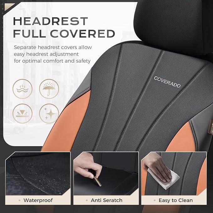 Coverado Car Seat Covers Full Set, 5 Seats Waterproof Nappa Leather Automotive Seat Protectors, Front & Rear Luxury Mesh Seat Covers, All-Weather Universal Fit Most Cars for SUVs, Trucks, Brown&Black