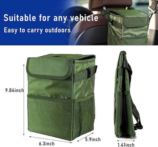 Kewucn Car Trash Can with Lid, Waterproof Mini Auto Garbage Can, Leak-Proof Vehicle Organizer and Storage Pockets, Hanging Collapsible Trash Bin, Universal Accessories for Most Cars (Army Green)