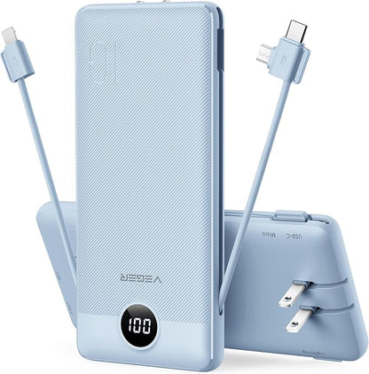 VEGER Portable Charger Power Bank with Built-in AC Plug and Cables, All in One 10000mAh Ultra Slim Travel Essentials, Fast Charging Battery Pack Compatible with iPhone, Samsung, Android (Blue)