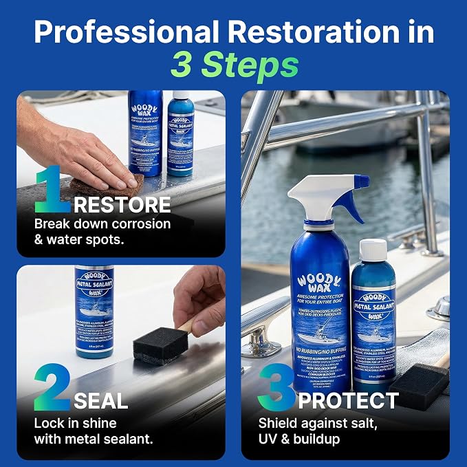Woody Wax Tower Treatment & Metal Restoration Kit, Professional Boat & Marine Corrosion Blocker, High-Gloss Sealant for Aluminum, Steel & Outriggers, Restores Pitted Metal & Protects for 6 Months