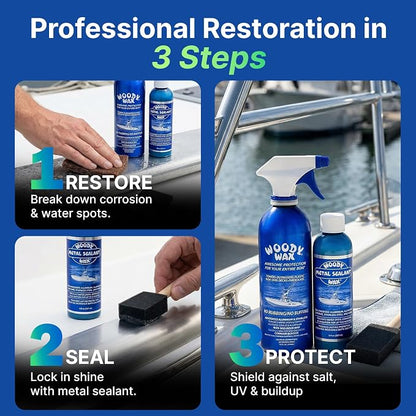 Woody Wax Tower Treatment & Metal Restoration Kit, Professional Boat & Marine Corrosion Blocker, High-Gloss Sealant for Aluminum, Steel & Outriggers, Restores Pitted Metal & Protects for 6 Months