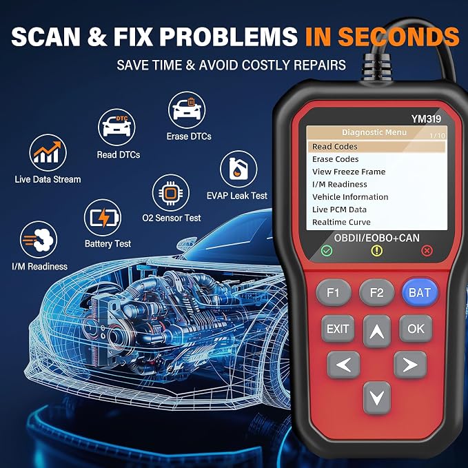 BluSon YM319 OBD2 Scanner Diagnostic Tool with Battery Tester, Check Engine Fault Code Reader with Live Data, Cloud Printing, DTC Lookup, Freeze Frame, Scan Tool for All OBDII Cars Since 1996, Red
