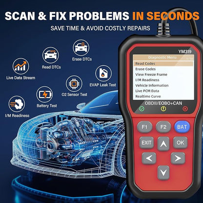 BluSon YM319 OBD2 Scanner Diagnostic Tool with Battery Tester, Check Engine Fault Code Reader with Live Data, Cloud Printing, DTC Lookup, Freeze Frame, Scan Tool for All OBDII Cars Since 1996, Red