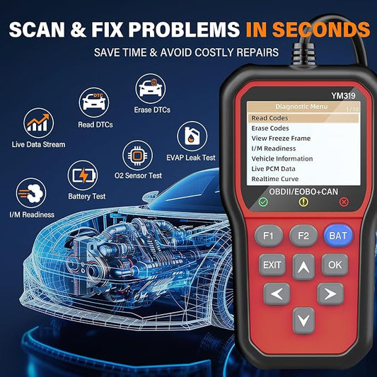 BluSon YM319 OBD2 Scanner Diagnostic Tool with Battery Tester, Check Engine Fault Code Reader with Live Data, Cloud Printing, DTC Lookup, Freeze Frame, Scan Tool for All OBDII Cars Since 1996, Red