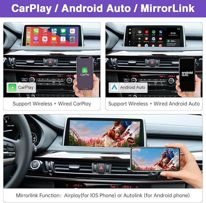 Wireless CarPlay Retrofit Kit Decoder Compatible with BMW 1/2/3/4/5/6/7/X1/X3/X4/X5/X6 (2012–2016), for NBT System, Supports Android Auto, Mirror Link, Reverse Camera