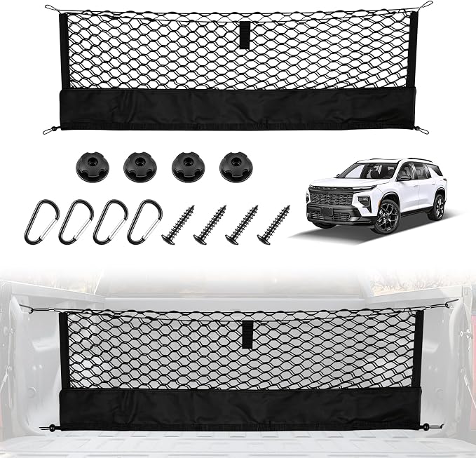 Amiss Truck Bed Cargo Net with Bottom Organizer, Compatible with 2024 2025 2026 Chevy Traverse, Portable Storage for Pickup Cargo and Heavy Duty Hook, Exterior Accessories for Car SUV Truck