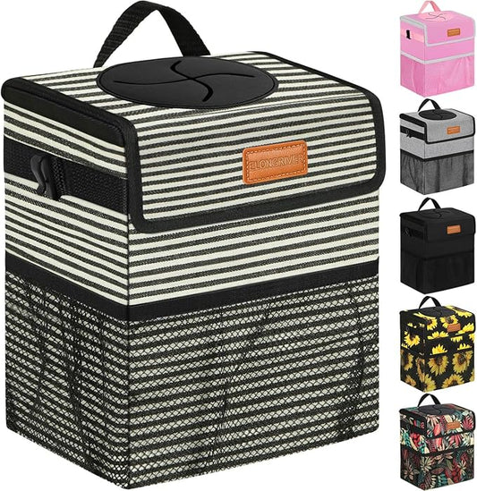 ELONGRIVER Car Trash Can Bin for Back Seat Leak Proof, Cute Car Trash Bag Hanging, Vehicle Trash Can for SUV Truck Van, Automotive Garbage Cans Front Seat Stripe