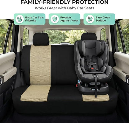 FH Group Automotive Rear Car Seat Covers for SUV, Trucks, Sedan and More - Universal Fit Rear Solid Bench Design Interior Accessories - 3D Mesh Fabric Center Panel - Beige