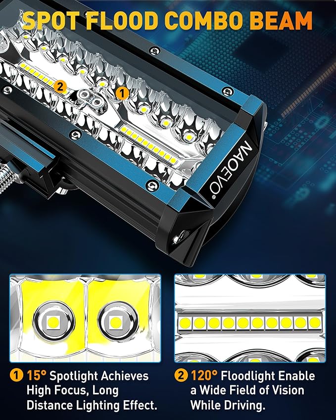 NAOEVO 7 Inch LED Light Bar, 240W 24,000LM LED Pods/Off Road/Fog/Driving Lights with Spot Flood Combo for Truck Boat UTV ATV, 2-Pack (White)