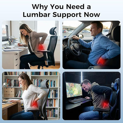 Lumbar Support Pillow for Car & Office Chair - High-Density Memory Foam Back Cushion for Sciatica & Lower Back Pain Relief - Non-Slip Support for Long Commutes & Desk Workers (Dark Gray)