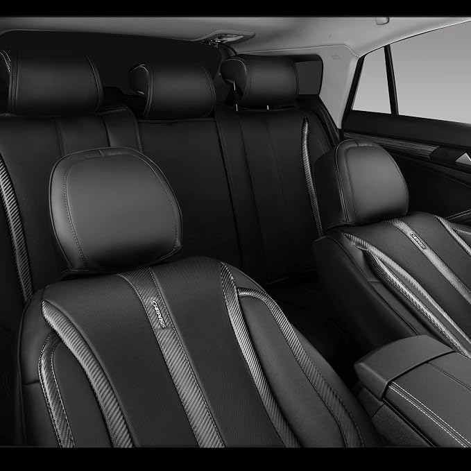 CAR PASS Nappa Leather Car Seat Covers Full Set & Carbon Fiber, Waterproof and Durable All Weather Protector, Universal Fit for SUV Pick-up Truck Sedan Automotive Vehicle Interior (5 Seats, Black)