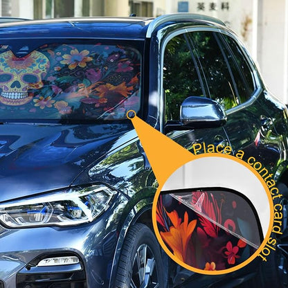 Windshield Sun Shade Abstract Sugar Skull Front Window Block UV Shades Visor Reflective Retractable for Car SUV Trucks