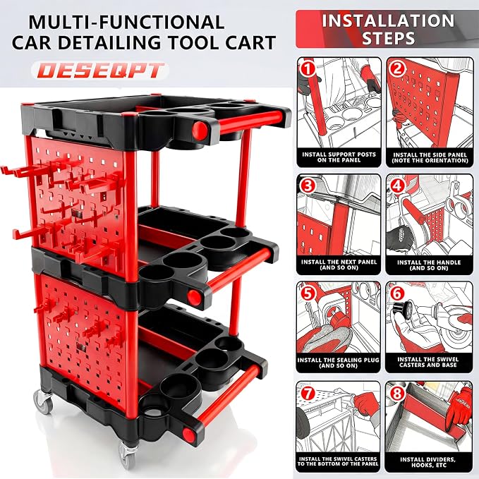 Auto Detailing Cart with Wheels, 3 Tier Rolling Detail Cart with Long Hanging Plate & Hooks & Brush & Towel and Gloves, for Detailers Garage, Workshop, Repair Shop, Storage Tool