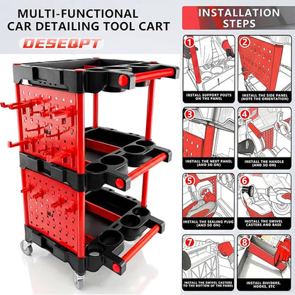 Auto Detailing Cart with Wheels, 3 Tier Rolling Detail Cart with Long Hanging Plate & Hooks & Brush & Towel and Gloves, for Detailers Garage, Workshop, Repair Shop, Storage Tool