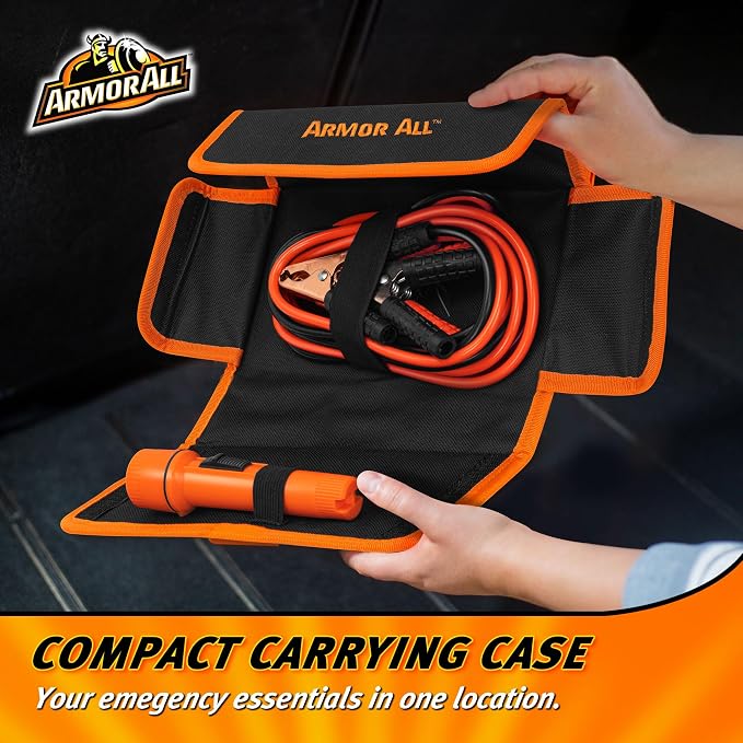 Armor All 3pc Roadside Car Emergency Kit - Storage Bag, 12 Gauge 6.5 Ft Battery Cable, Flashlight, Roadside Assistance, Car Emergency Roadside Kit - Safety Kits for Cars