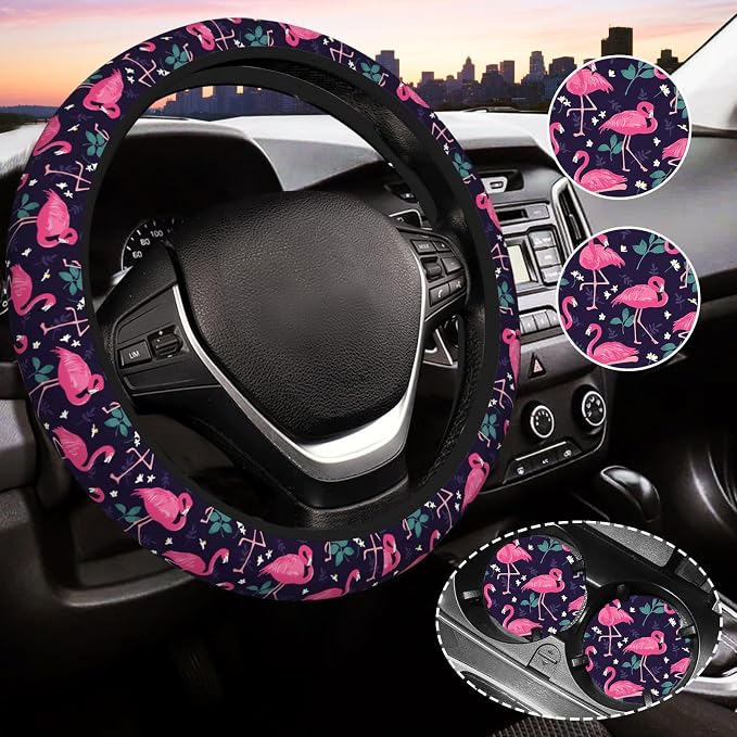 Flamingo Steering Wheel Cover for Women, Universal Auto Steering Wheel 14-15 Inch Car Interior Accessories with 2PCS Car Coasters, Suitable for Men and Women