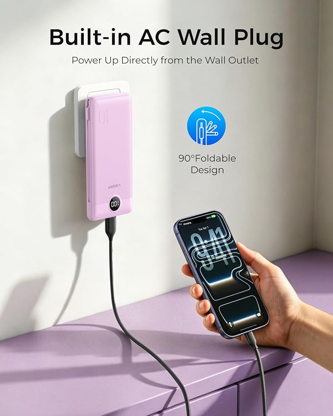 VEGER Portable Charger Power Bank with Built-in AC Plug and Cables, All in One 10000mAh Ultra Slim Travel Essentials, Fast Charging Battery Pack Compatible with iPhone, Samsung, Android, Purple