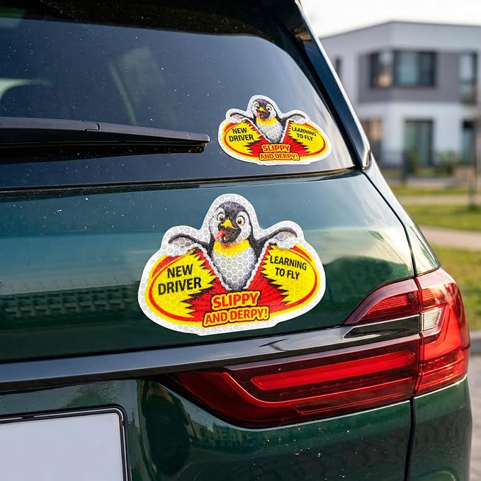 3 Pcs Reflective Student Driver Magnet and Stickers Set - Funny Animal New Driver Safety Signs for Car, Waterproof & Weatherproof High Visibility Vehicle Bumper Decals, Magnet + Stickers (Penguin)