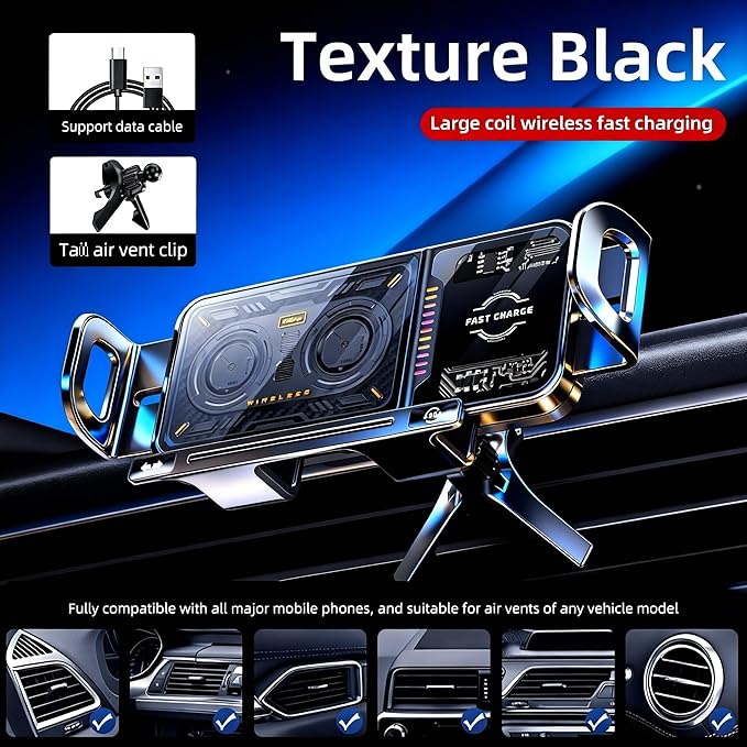 Wireless Car Charger, 2026 Upgrade 15W Fast Charging with LED Light Auto Clamping Phone Holders for Your car for iPhone 16/15/14/13 Mini Pro Max, Samsung Galaxy S25 Ultra, S24/S23 etc (Black)