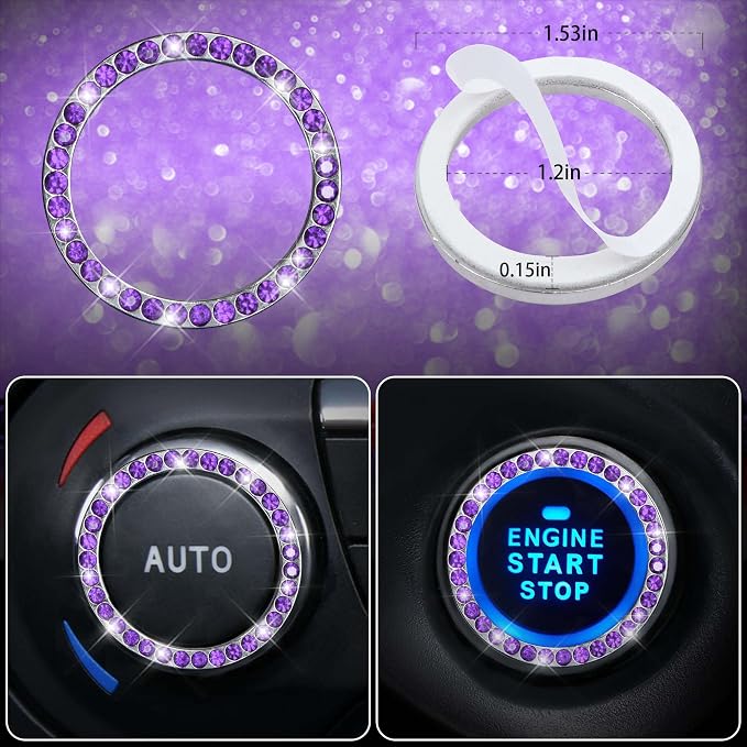 CAR PASS 11PCS Bling Purple Car Steering Wheel Cover Set for Women, Sparkly Rhinestone Diamond Bling Seat Belt Cushion, Glitter Shift Knob Cover, Car Cup Holder Coaster, Interior Sets Violet 14.5"-15"