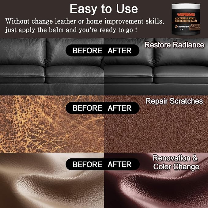 Leather Recoloring Balm - Leather & Vinyl Repair Balm for Furniture, Couches,Car Seats, Auto Interior & Accessories, Restores Faded, Worn, Scratched and Cracked Leather Surfaces (Medium Brown)