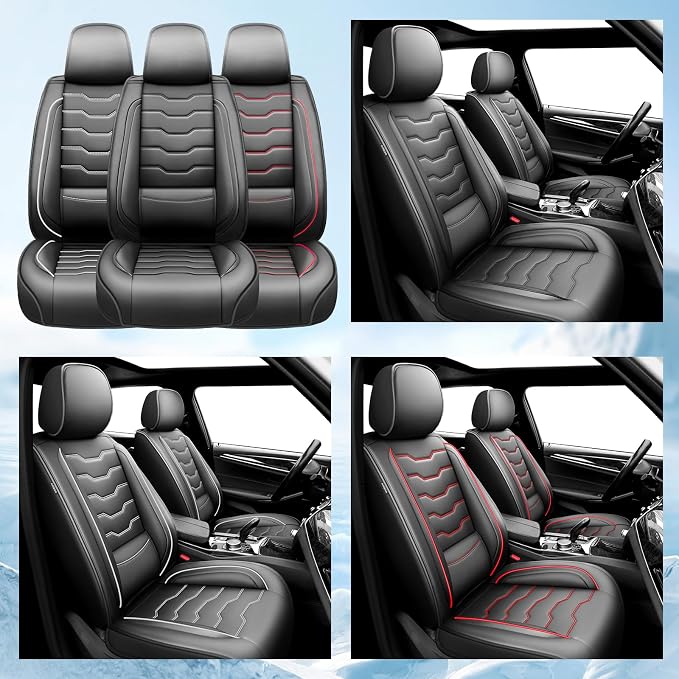 Fit Patriot Car Seat Covers for Jeep Patriot 5 Seats 2007-2016 2017 -Premium Leather,Waterproof & Breathable，All-Weather Seat Cushion Protecto & Airbag Compatible, 2 Front Seat White Line Black